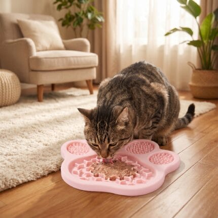 A civet cat is eating from a slow food bowl in the shape of a cat scratch.