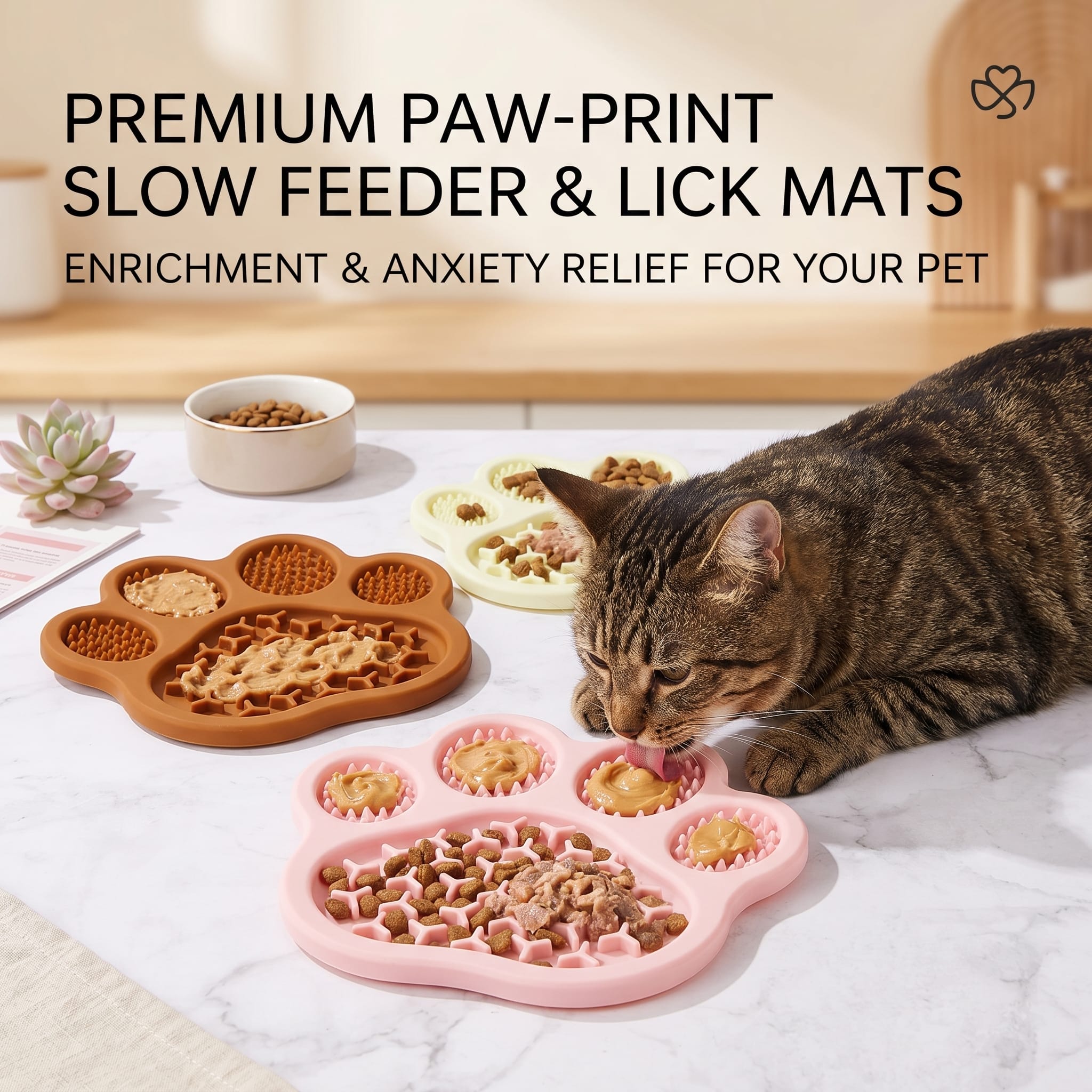 Three slow food bowls in the shape of cat's paws, one of which is being licked by a civet cat.