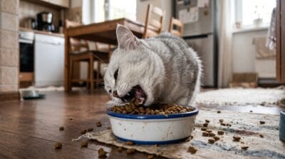 A snapshot of a silver shaded cat burying its head in an ordinary cat bowl, scarfing down food, with its mouth wide open ready to devour the kibble.