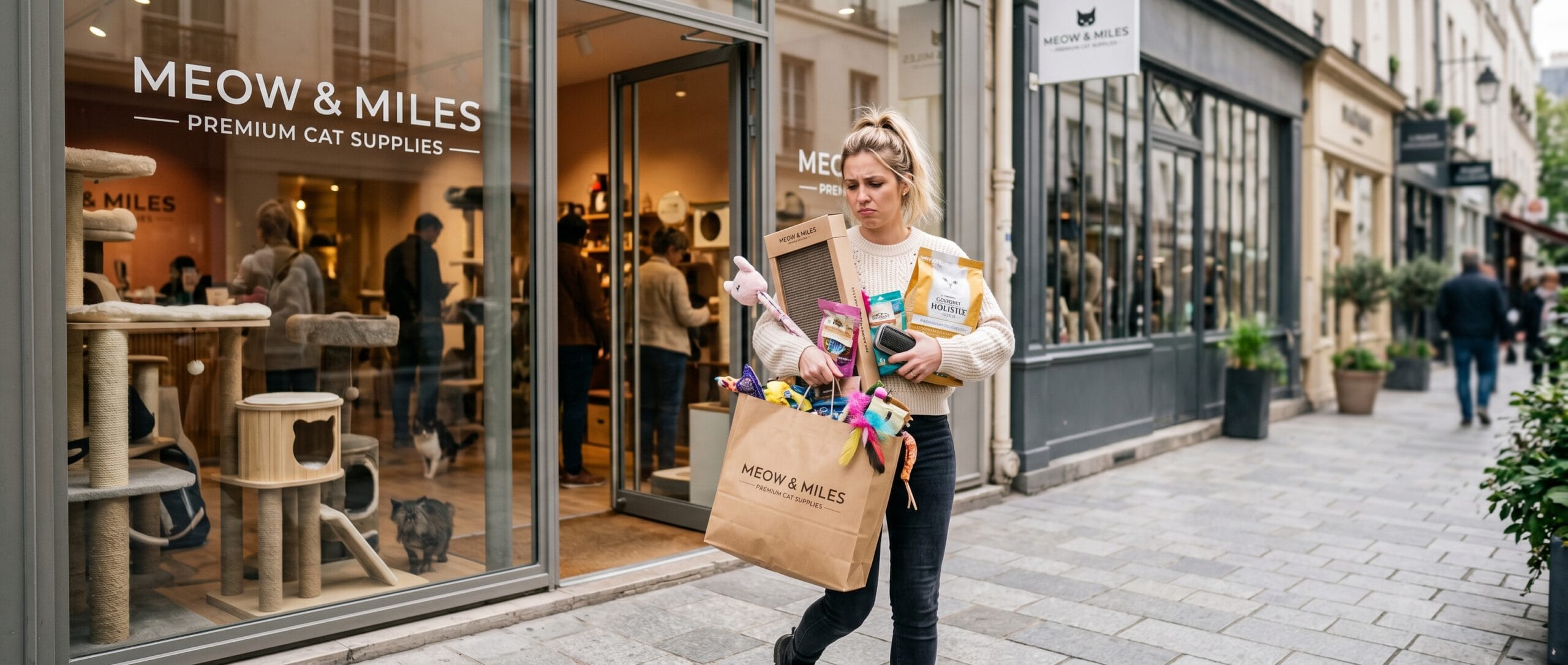 In the background is a cat pet store, and a beautiful white woman is just leaving the store with a bunch of high-end cat supplies and toys in her arms, her face upset because she bought a bunch of supplies and toys that look useful but are actually useless
